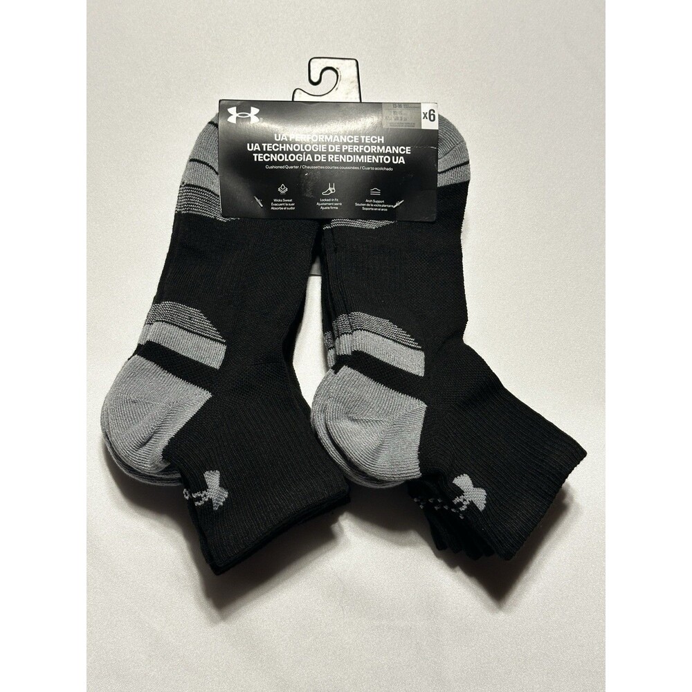 Under Armour Unisex Performance Tech 6 Pack Quarter Socks Black XL UA NWT New